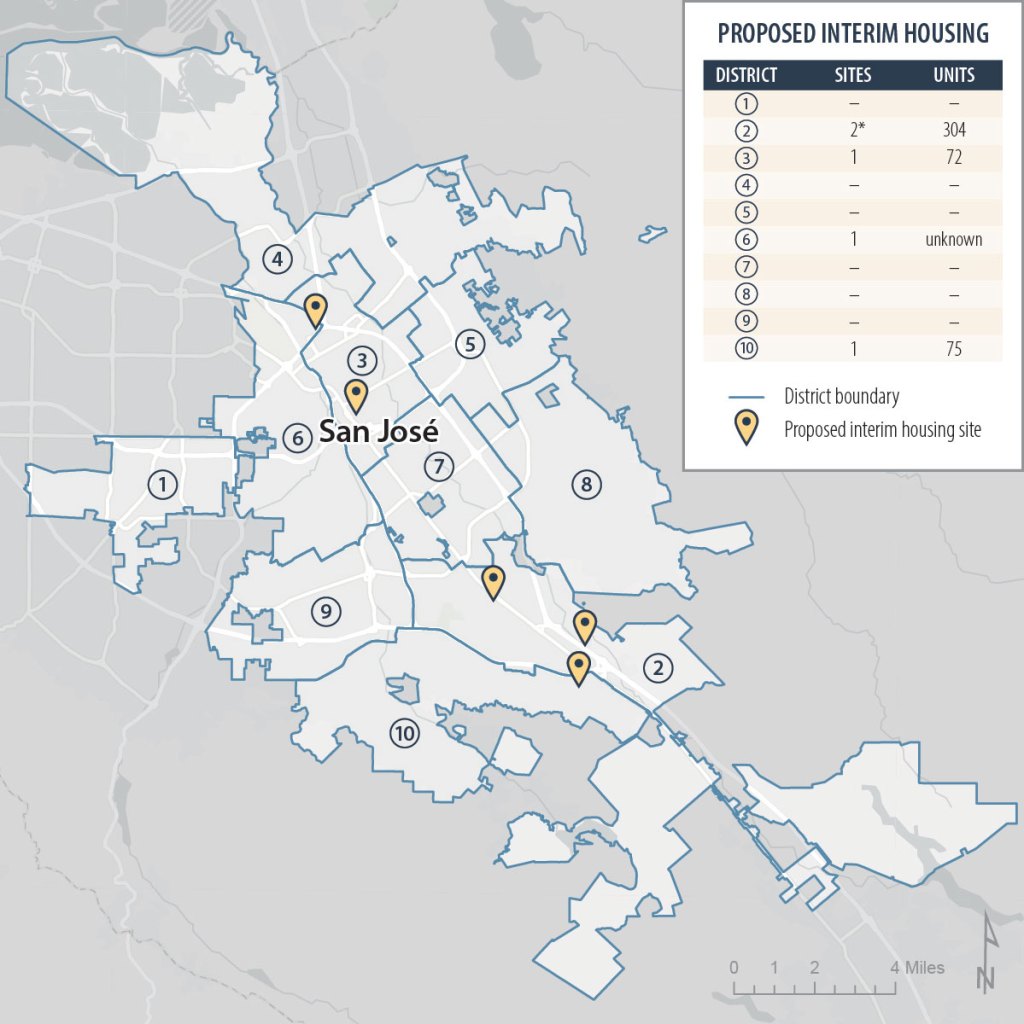 Figure 10, a map of the city of San Jose depicting the locations of the five proposed sites for interim housing for people experiencing homelessness that San Jose has identified.