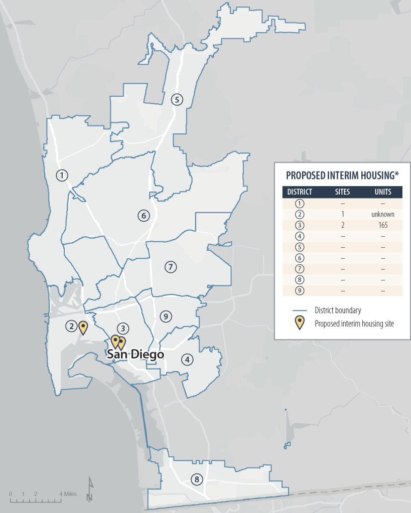 Figure 11, a map of the city of San Diego depicting the locations of three of the four proposed sites for interim housing for people experiencing homelessness that San Diego has identified.