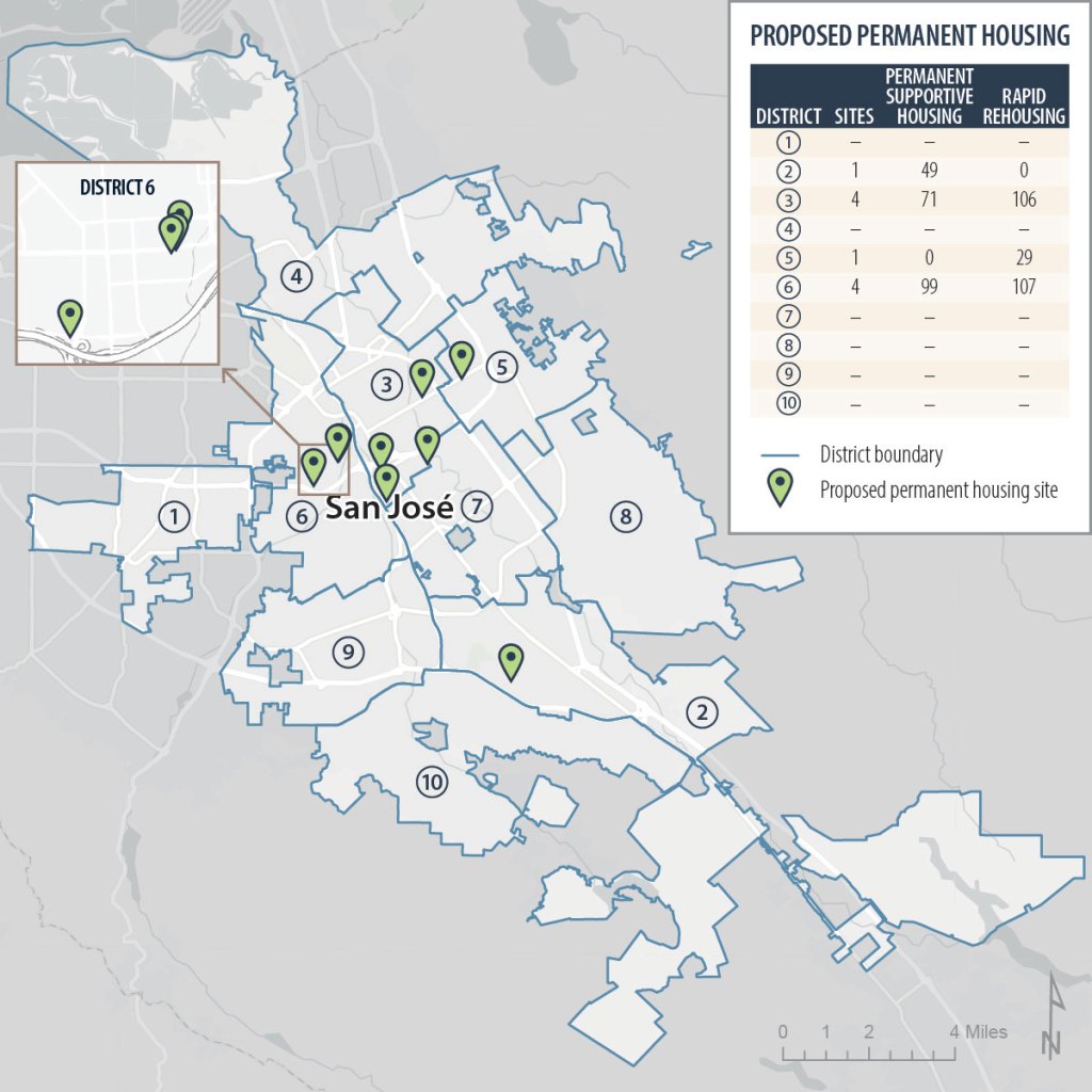 Figure 13, a map of the city of San Jose depicting the locations of the ten proposed sites for permanent housing for people experiencing homelessness that San Jose has identified.