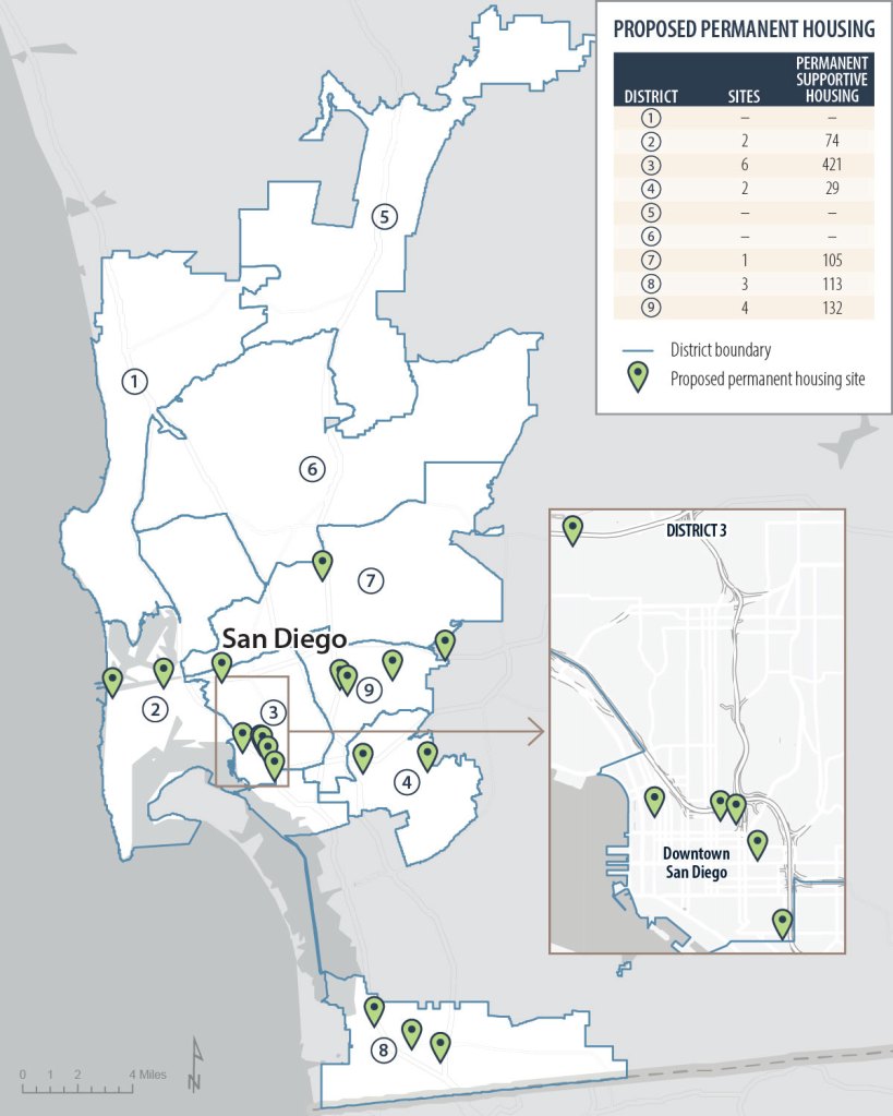 Figure 14, a map of the city of San Diego depicting the locations of eighteen proposed sites for permanent housing for people experiencing homelessness that San Diego has identified.