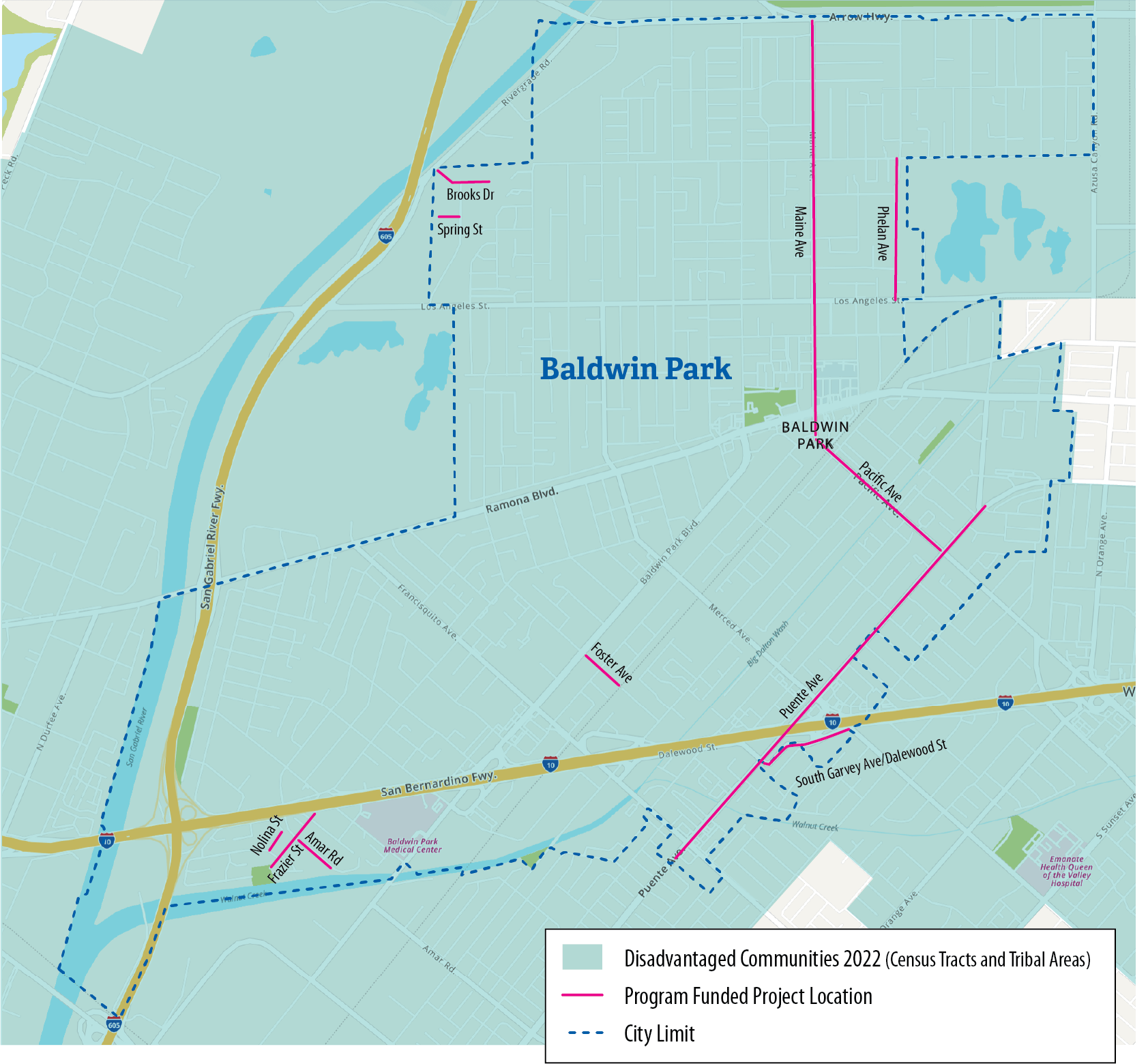 Figure A.1 shows a map of Baldwin Park and the location of Local Streets and Roads Program funded projects in relation to the disadvantaged communities within the City for fiscal years 2017-18 through 2021-22.
