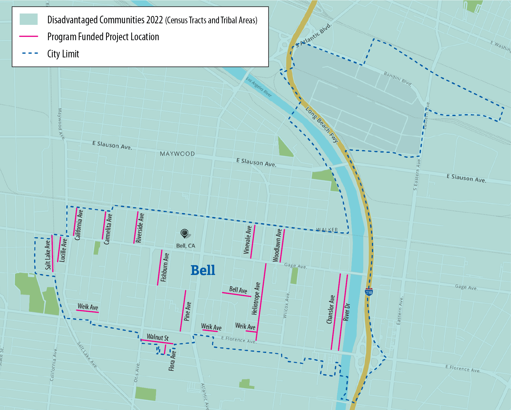 Figure A.2 shows map of Bell and the location of Local Streets and Roads Program funded projects in relation to the disadvantaged communities within the City.