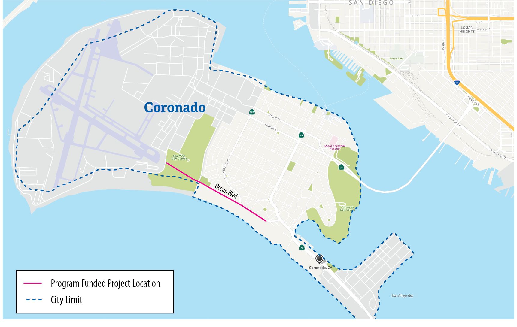 Figure A.3 is a map of the Coronado, showing that the City has no disadvantaged communities and its program funded project location.