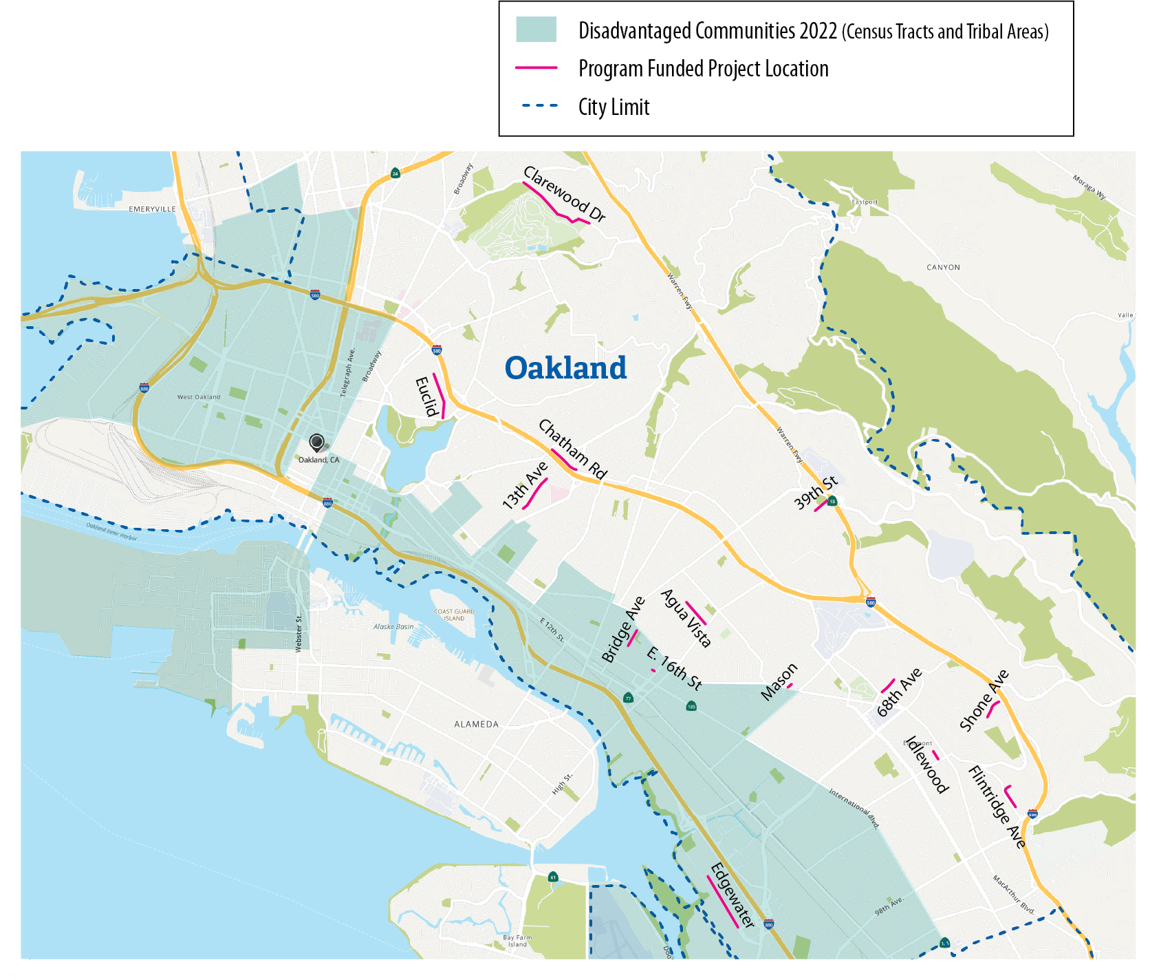 Figure A.4 is a map of Oakland showing the location of Local Streets and Roads Program funded projects in relation to Oakland’s disadvantaged communities for fiscal years 2017-18 through 2018-19.